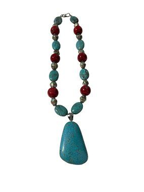Vintage Turquoise Howlite Statement Necklace Large Pendant Red Beads Silver Tone